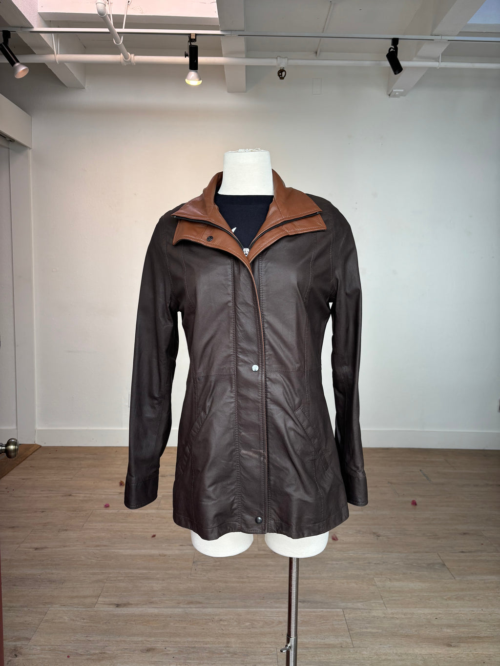 7059 - Ladies Leather Double Collar Coat in Chocolate/Timber