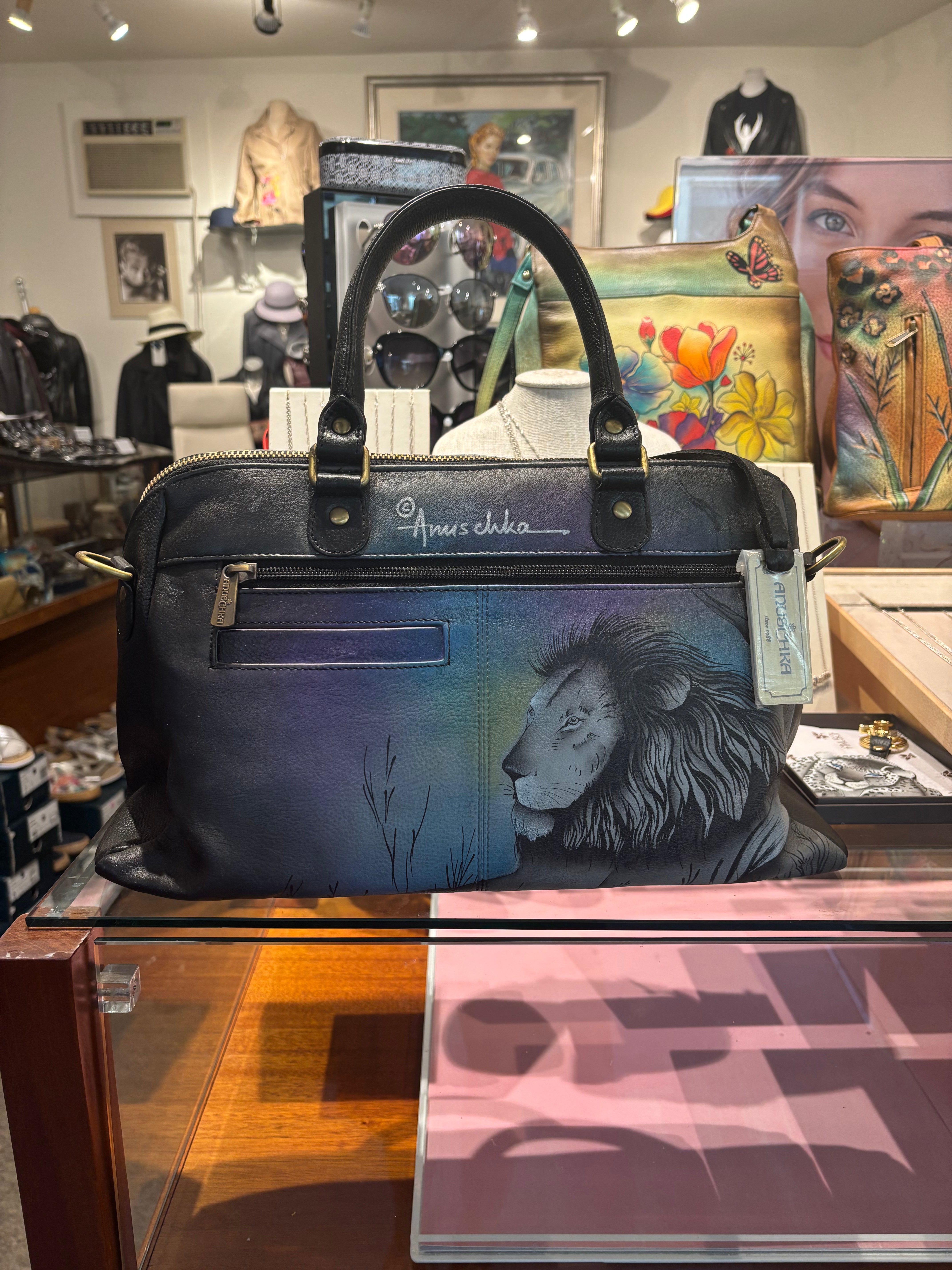 Anuschka Hand Painted Lion Satchel Bag