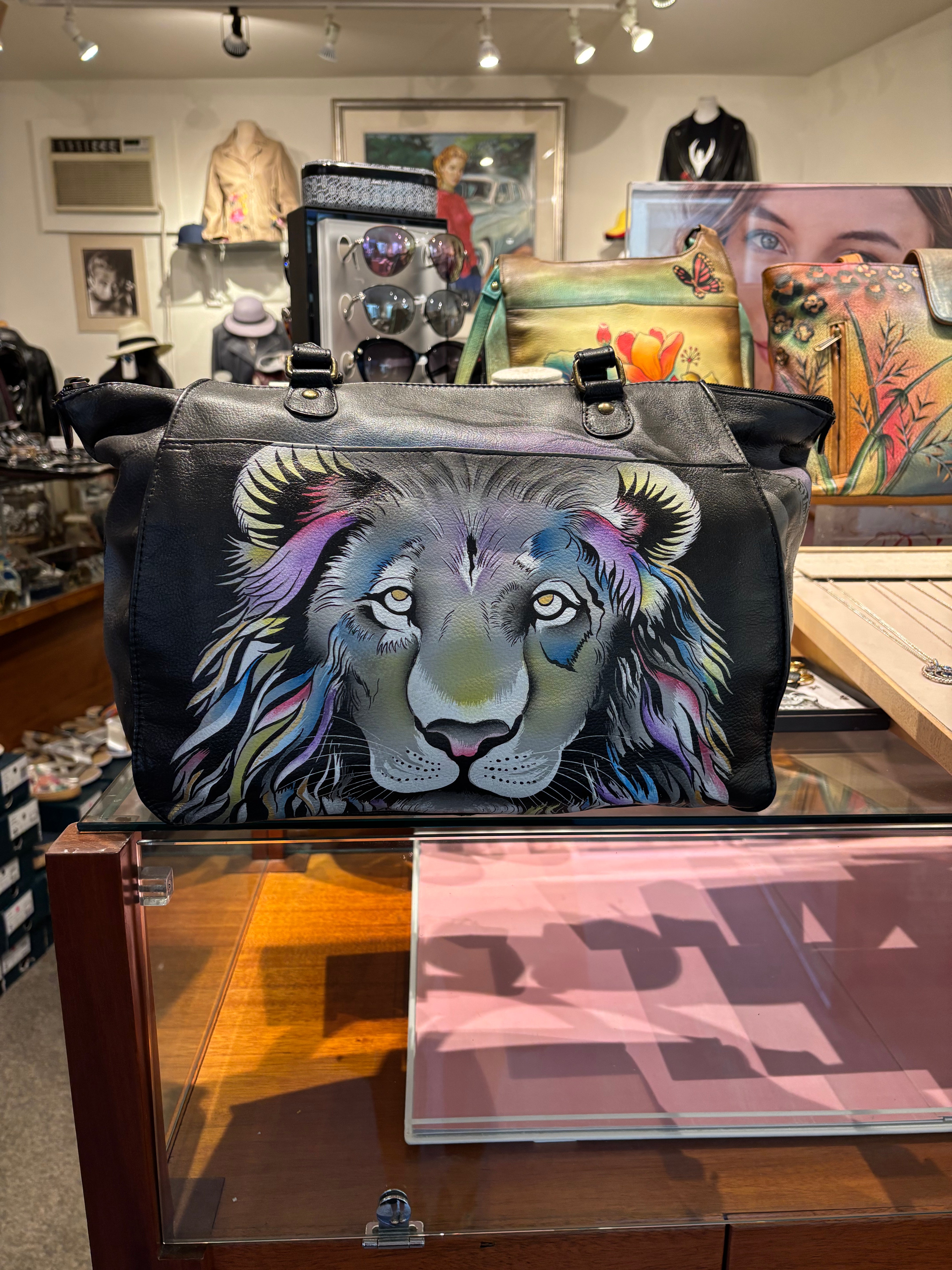 Anuschka Large Hand Painted Satchel Lion Bag