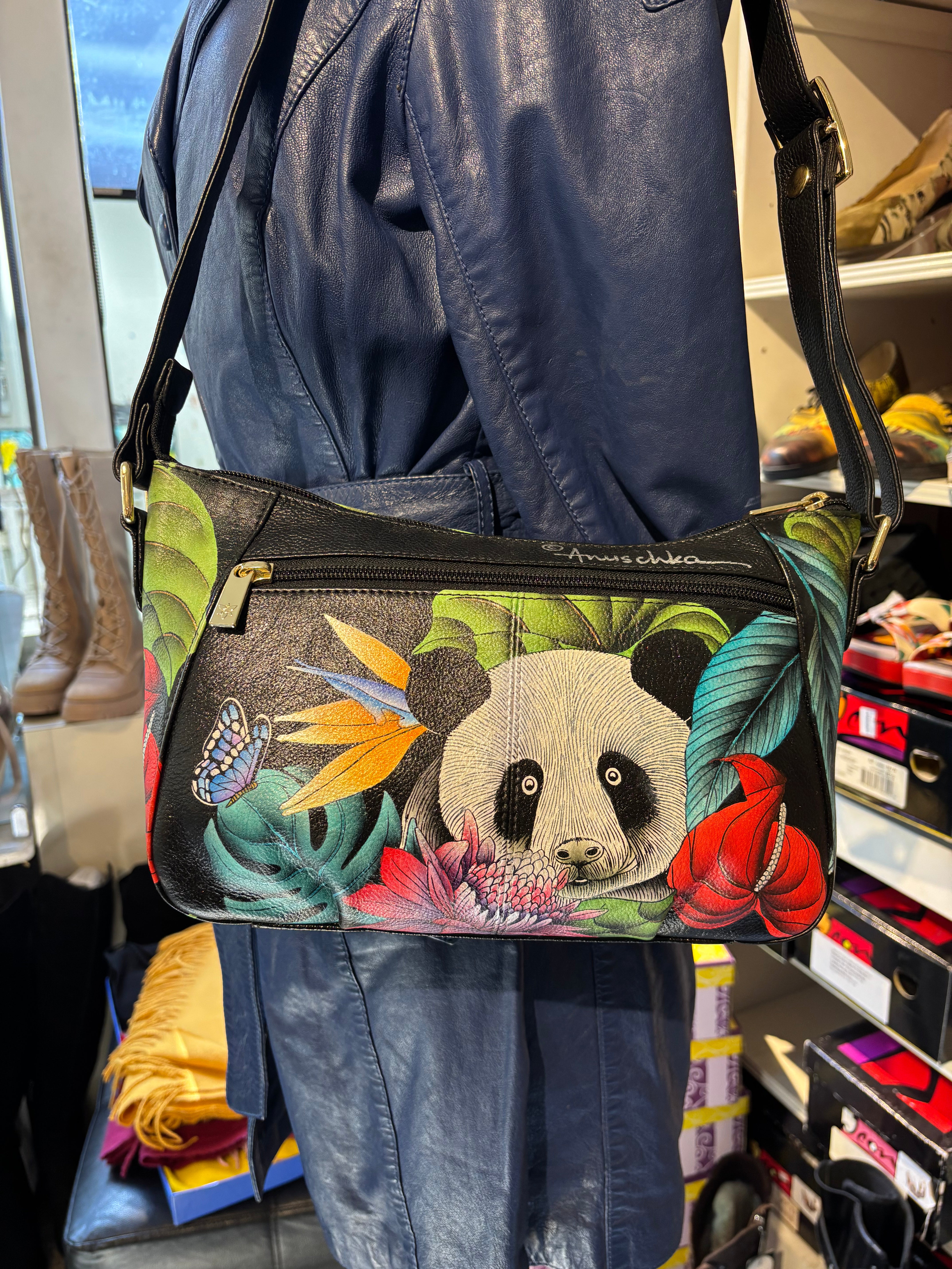 Anuschka Hand Painted Cross Body Panda Bag