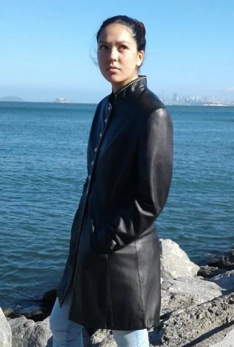 Black Leather Button Overcoat