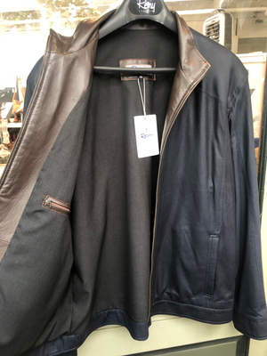 Remy Men's Butter-soft Italian Leather Jacket in Navy/Cognac