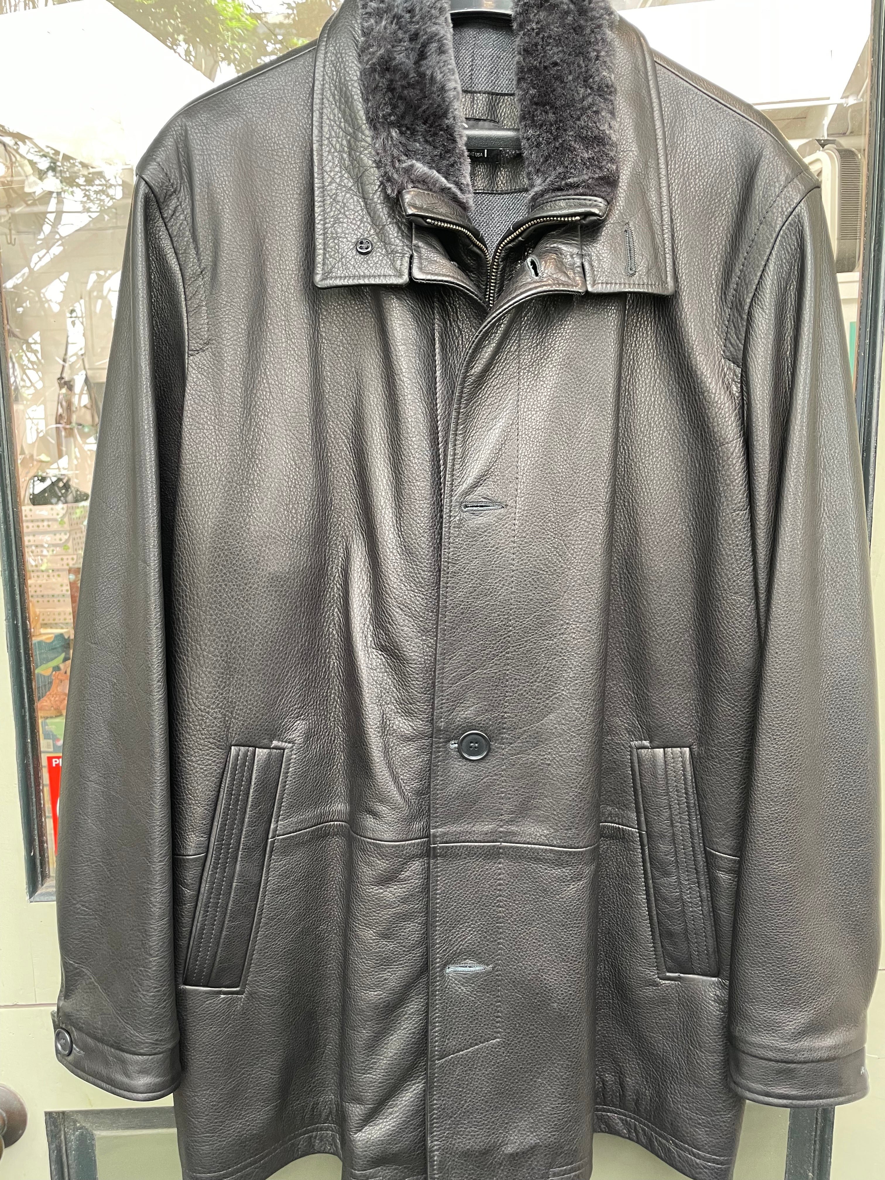 Men's Remy Black Leather Car Coat with Gray Shearling Collar