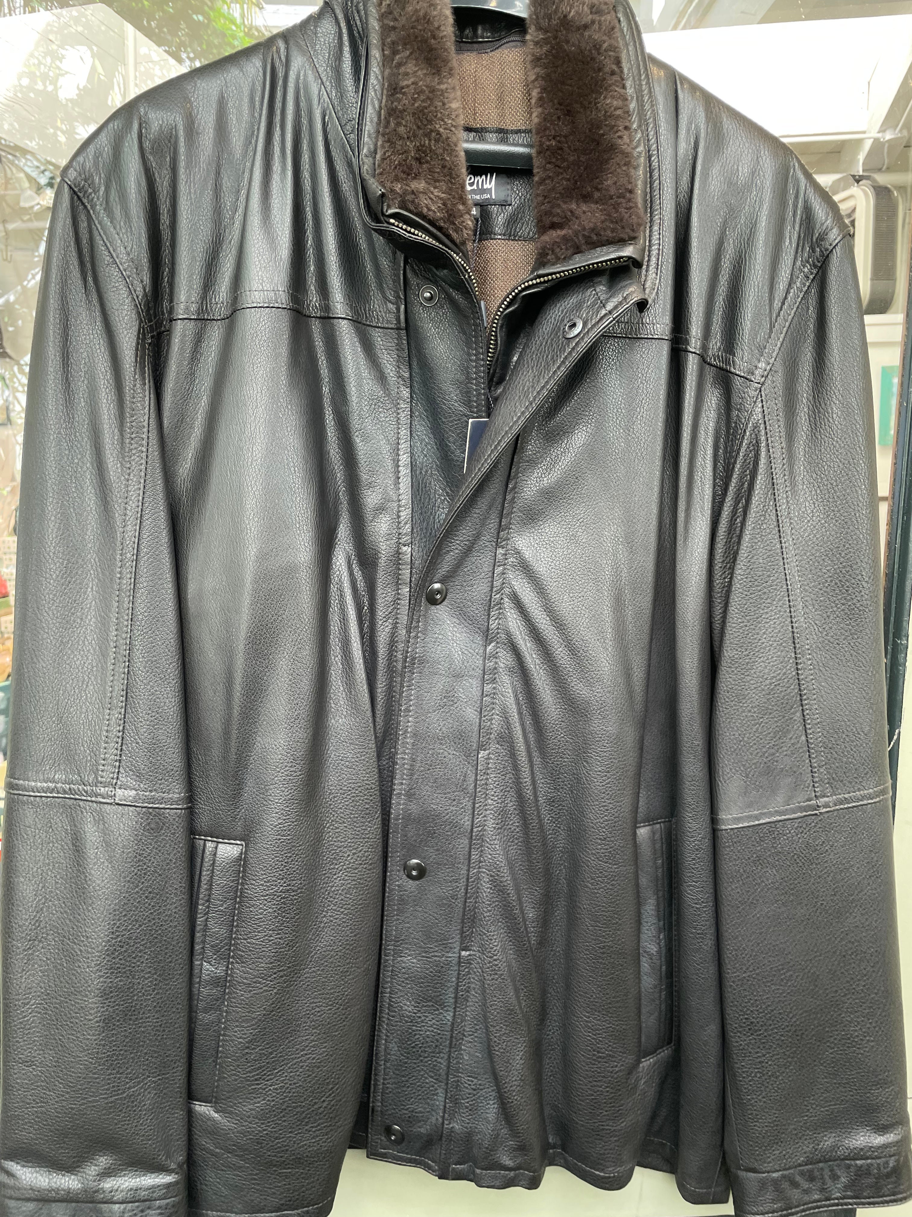 Men's Remy Black Leather Car Coat with Brown Shearling Collar