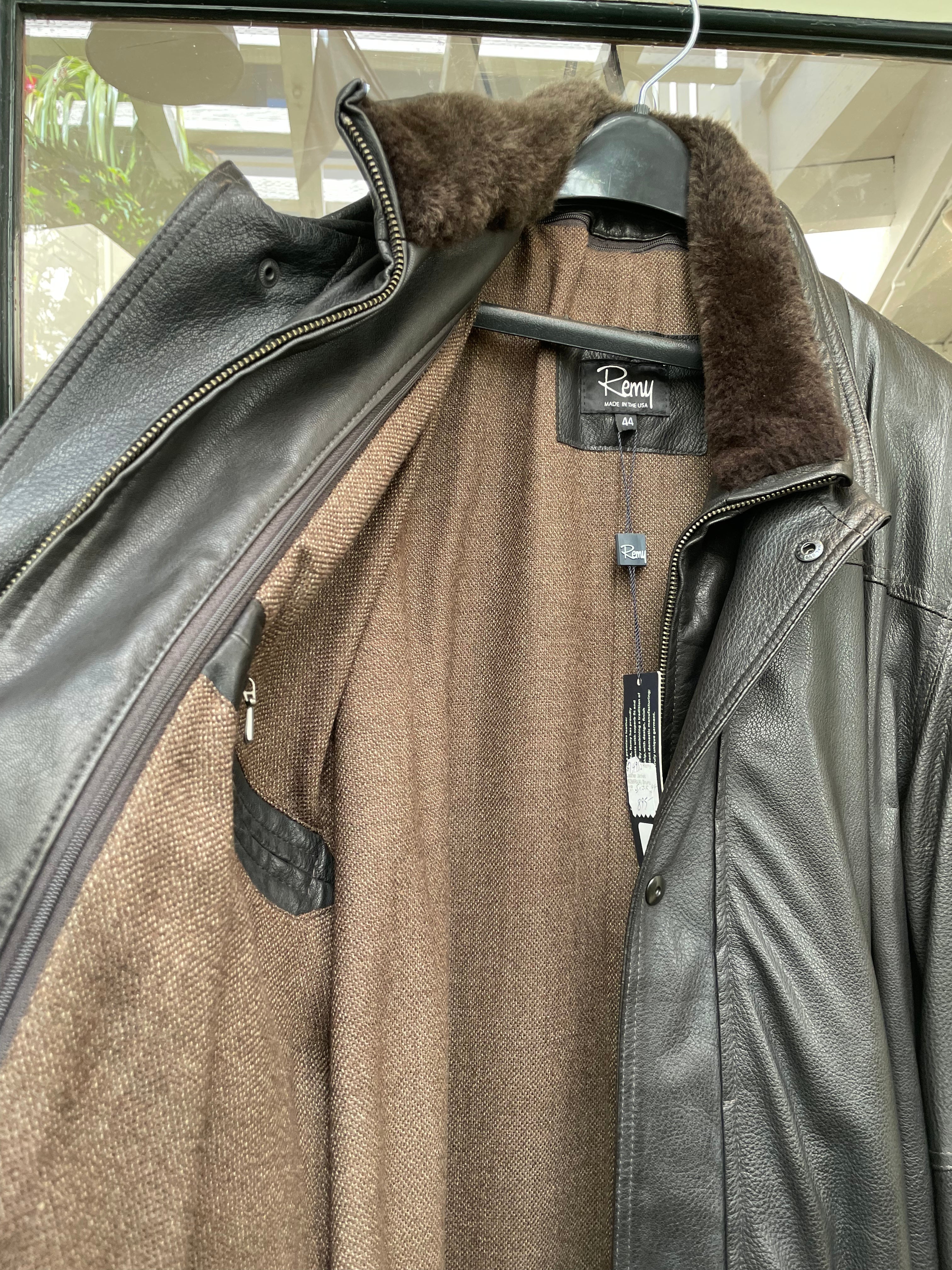 Men's Remy Black Leather Car Coat with Brown Shearling Collar